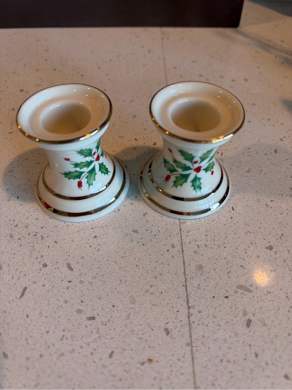 Lenox White Porcelain Holly Candlestick Holders with Gold Trim